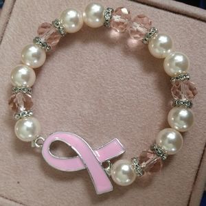 🆕Breast Cancer Ribbon Bracelet Pearls & Pink Acrylic Beads & Rhinestones